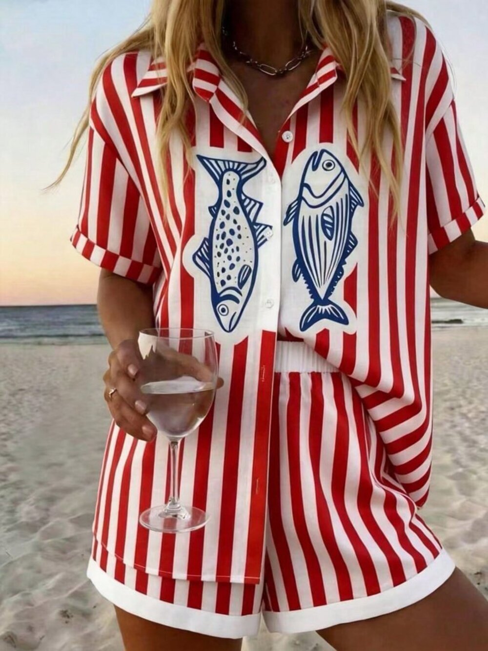 Red Casual Women's Vacation Striped Fish Print Shirt And Shorts Set